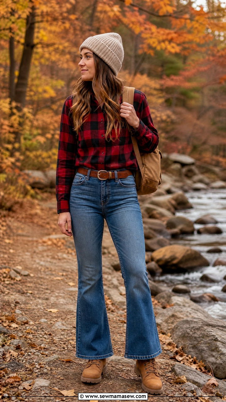 Plaid Flannel Shirt with Flare Jeans and Lace Up Work Boots - 30 Flare jeans outfit ideas with boots