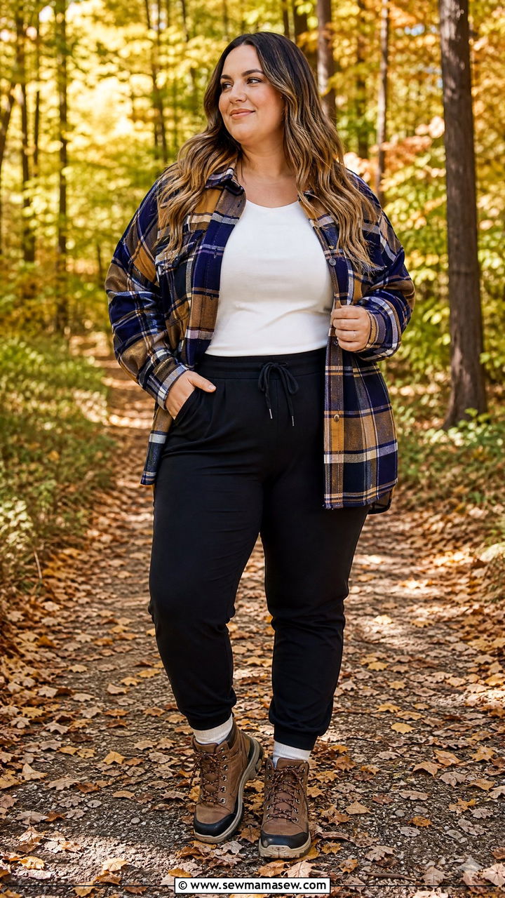 Plaid Flannel Shirt with Hiking Joggers and Ankle Boots - 25 Hiking outfit ideas plus size