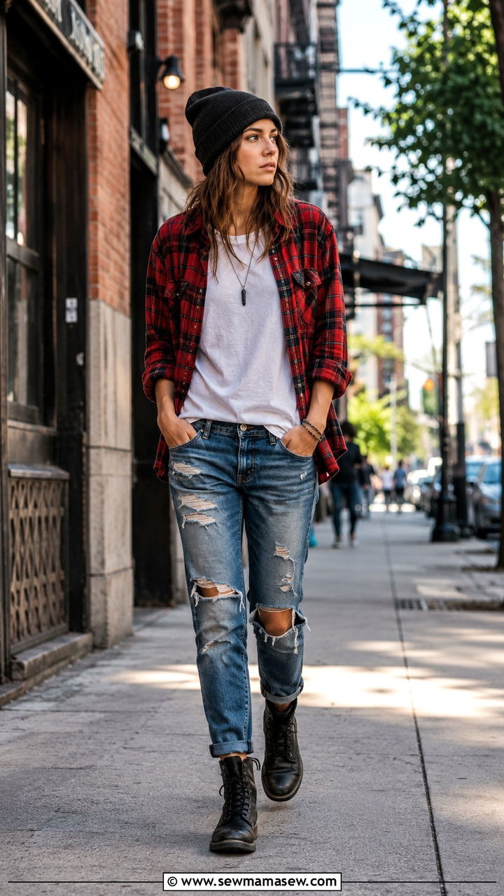 Plaid Flannel Shirt with Ripped Jeans and Combat Boots - 30 Tomboy outfit ideas