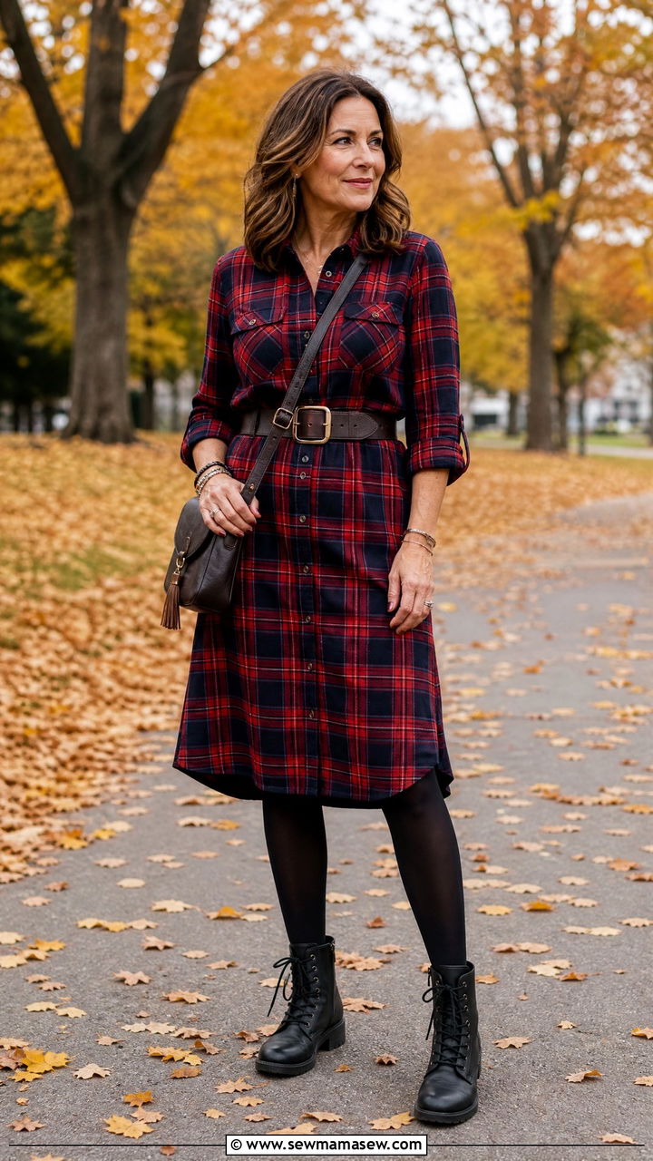 Plaid Flannel Shirtdress with Opaque Tights and Lace Up Boots - 25 grunge outfit ideas for women over 40