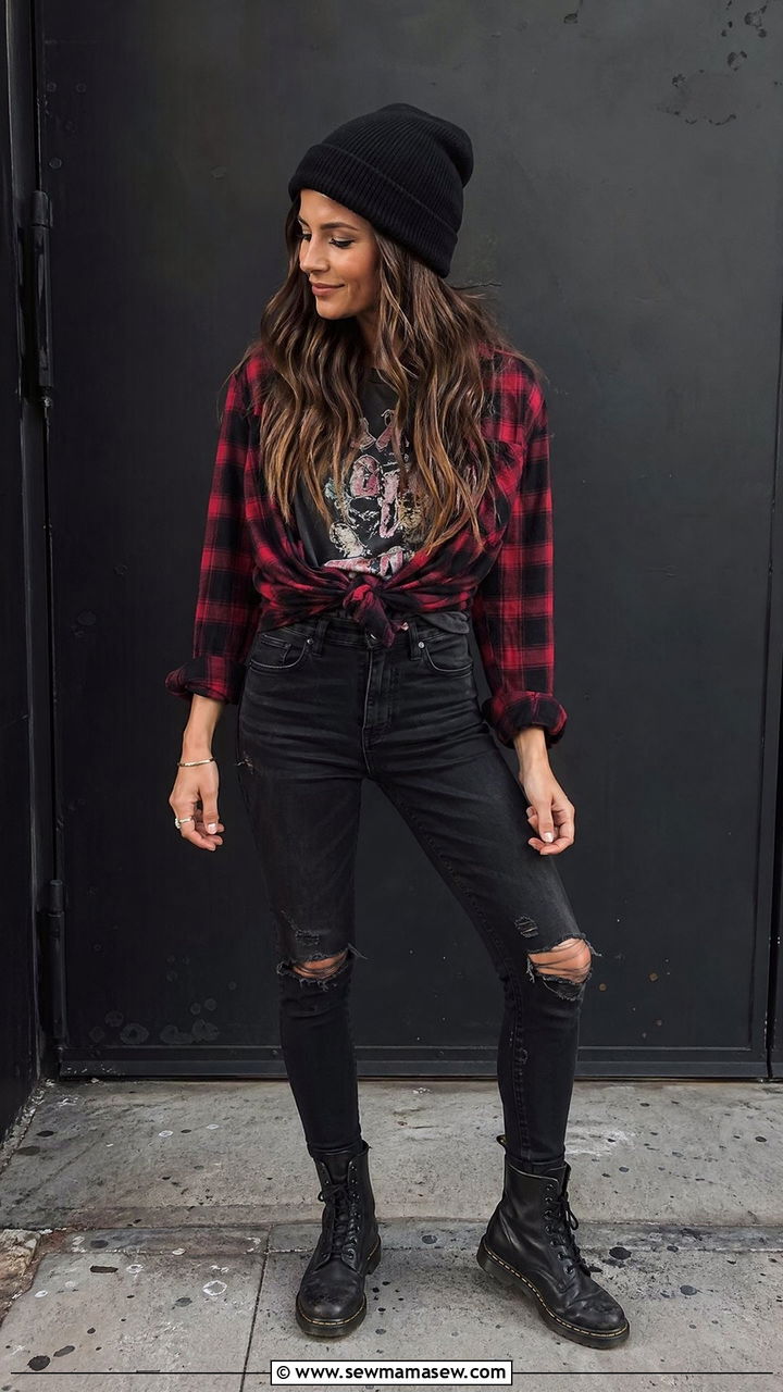 Plaid Flannel Tied Over a Band Tee With Ripped Jeans - 35 festival outfits aesthetic