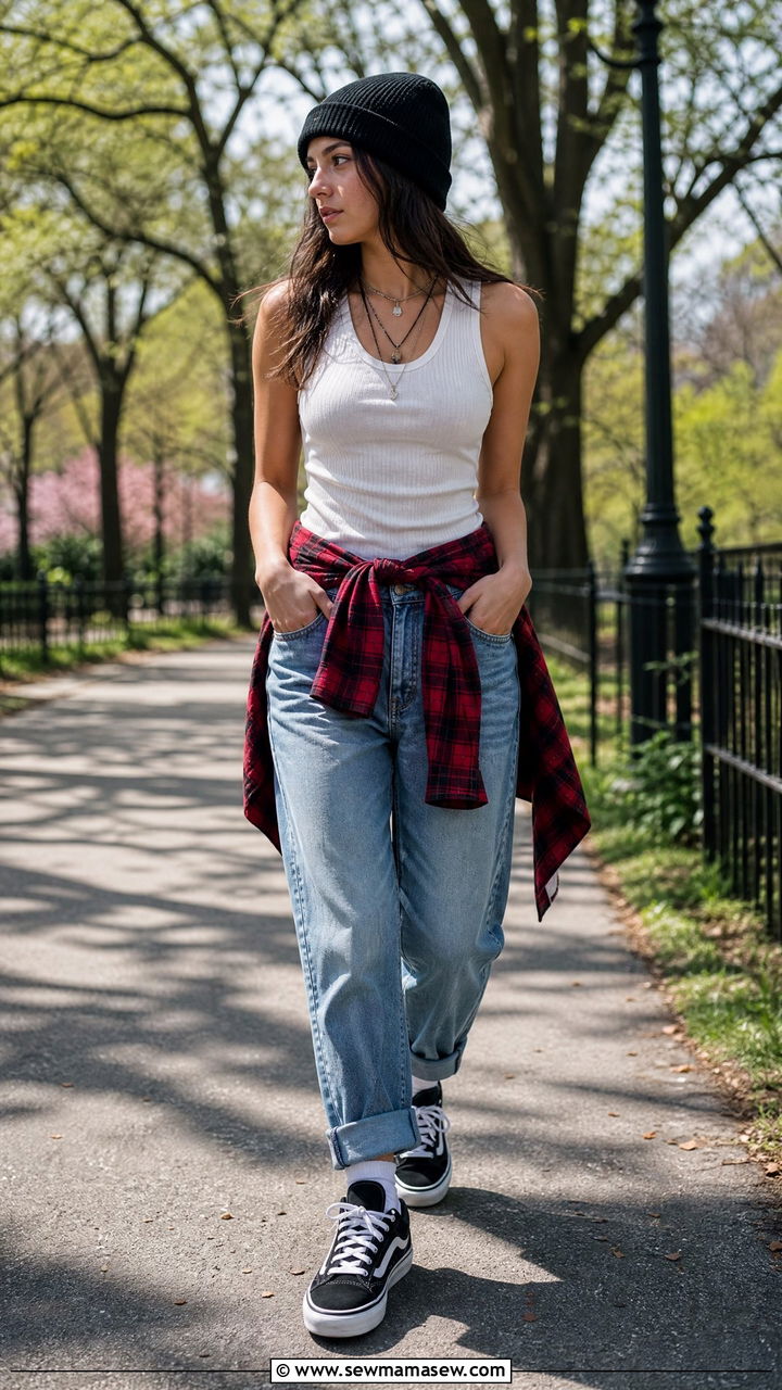 Plaid Flannel Tied at Waist with White Tank and Boyfriend Jeans - 30 streetwear outfits to copy