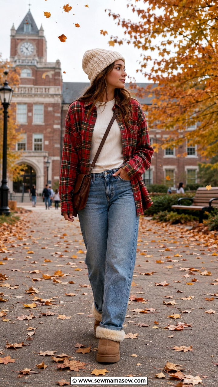 Plaid Flannel With Medium Wash Jeans And Fuzzy Boots - 30 school outfits Pinterest