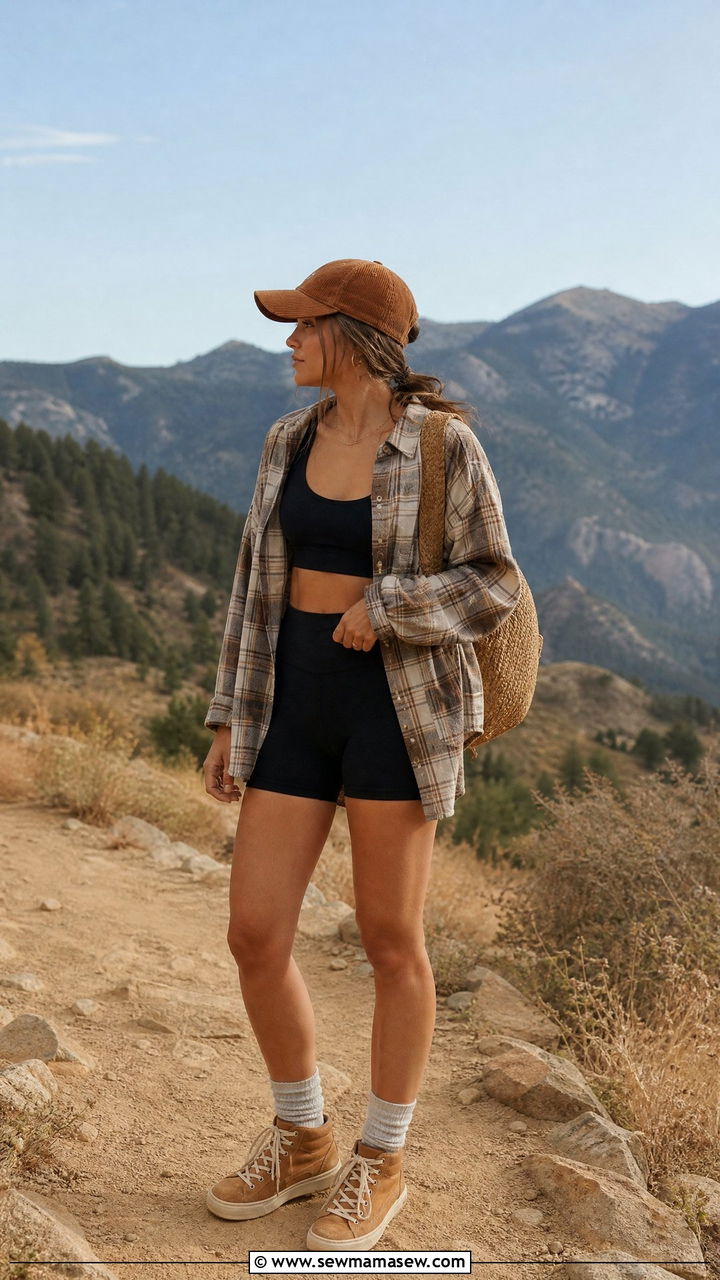 Plaid Flannel and Bike Shorts Hiking Outfit - 25 Hiking outfit ideas cute