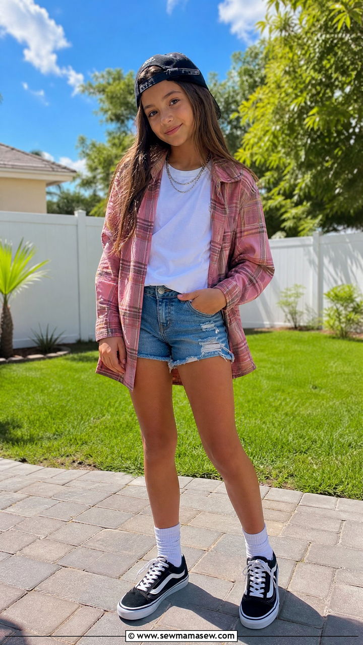 Plaid Flannel and Distressed Denim Shorts Outfit for Tweens - 20 Tween outfit ideas for girls 2026