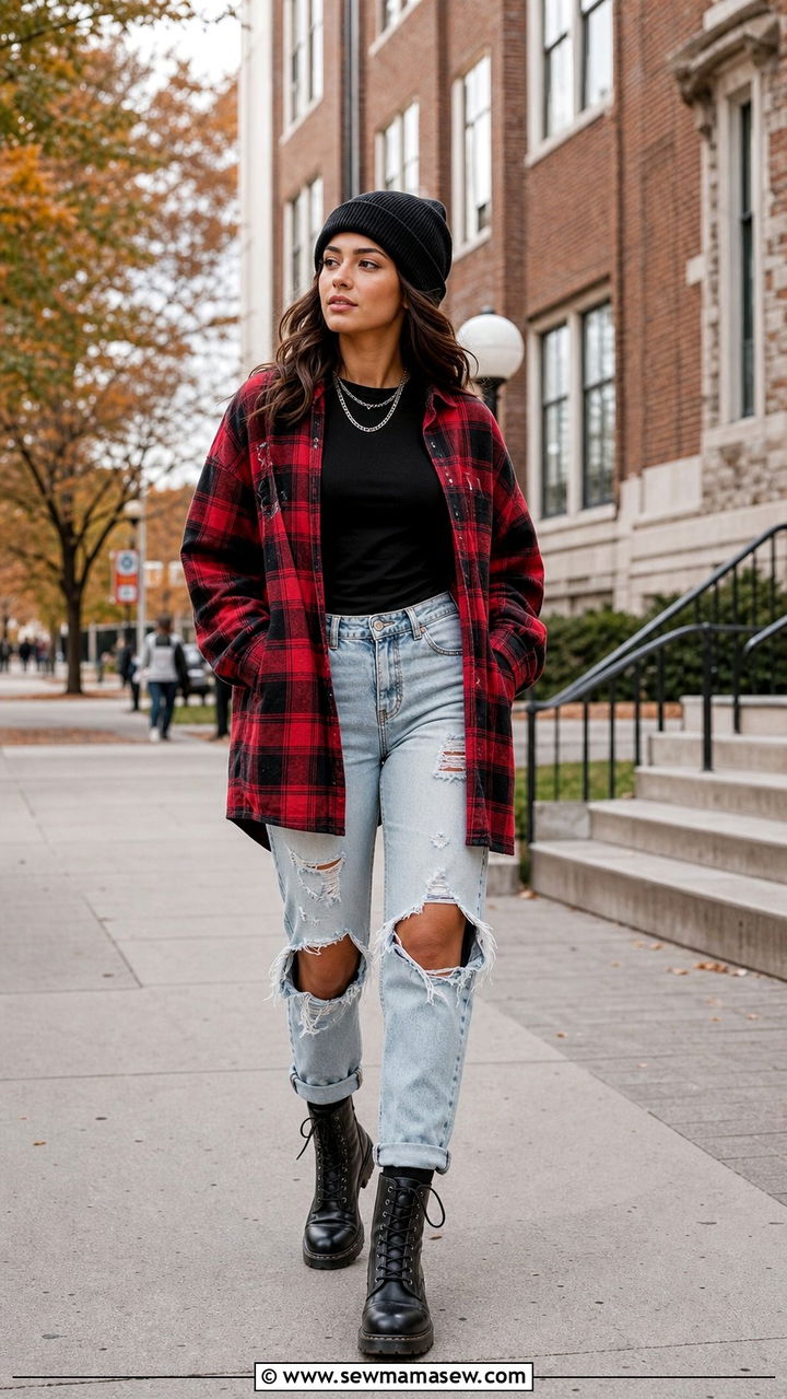 Plaid Flannel and Ripped Jeans with Combat Boots - 25 college outfits Pinterest