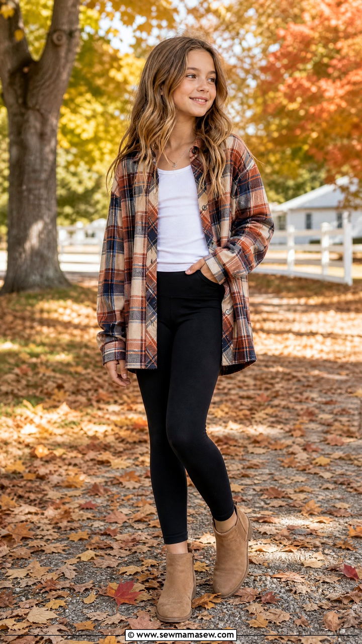 Plaid Flannel with Black Leggings Fall Outfit - 25 Tween outfit ideas for 11 year olds