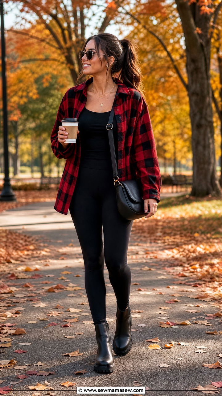 Plaid Flannel with Leggings Outfit - 30 coffee run outfit ideas