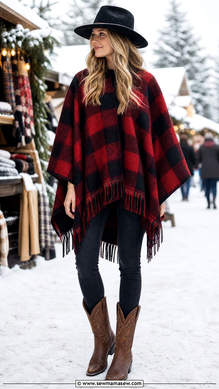 Plaid Fringed Poncho with Skinny Jeans and Cowboy Boots - 40 Western outfit ideas