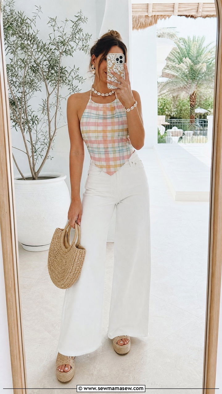 Plaid Halter Top and White Jeans - 30 Summer plaid outfits