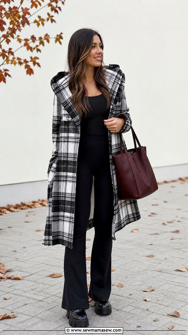 Plaid Hooded Wrap Coat With Black Flared Leggings And Platform Loafers - 35 Hooded coat outfit ideas