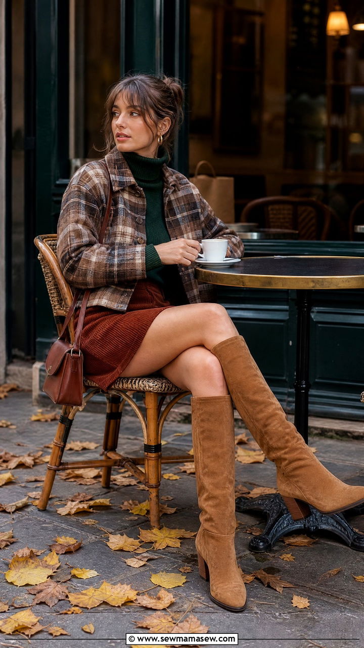 Plaid Jacket With a Turtleneck and Mini Skirt - 25 French girl outfit ideas casual