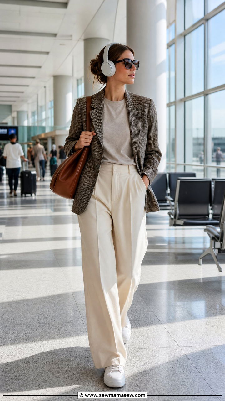 Plaid Jacket and Cream Trousers - 30 Cute airport outfits