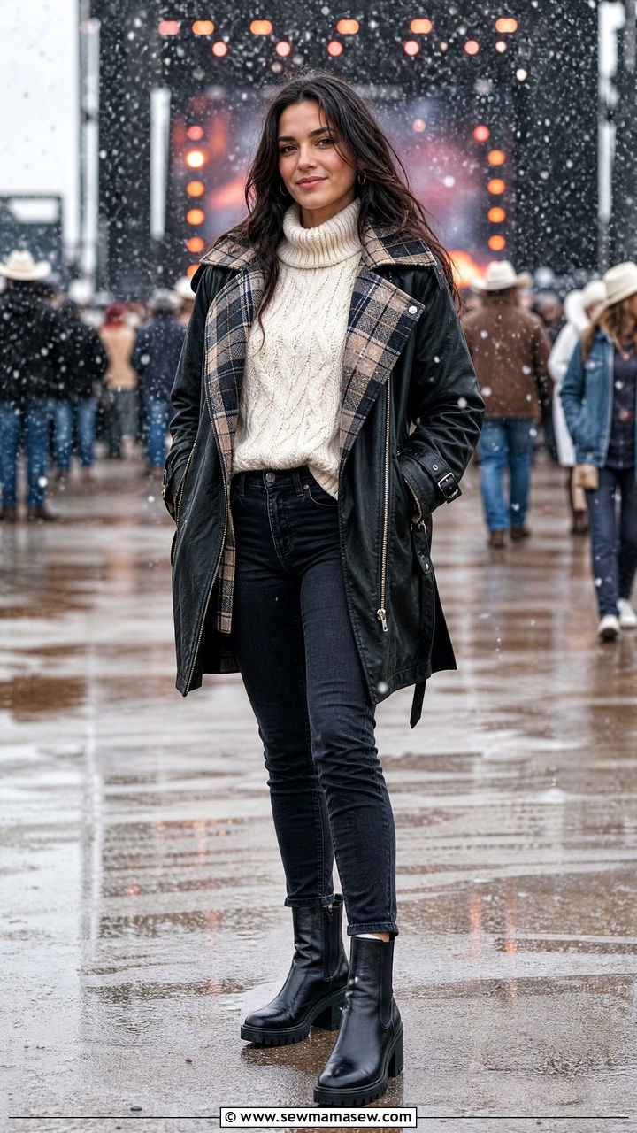 Plaid Lined Moto Coat with Cable Knit Turtleneck - 30 modest country concert outfit ideas
