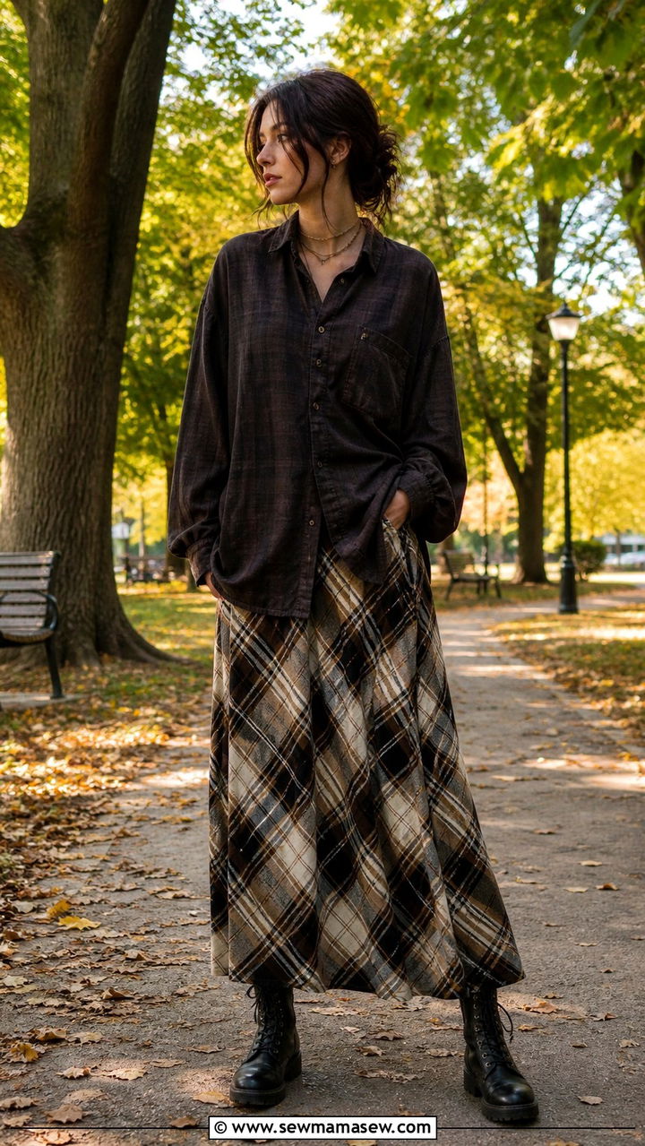 Plaid Long Skirt Oversized Flannel Combat Boots - 40 Grunge outfit ideas