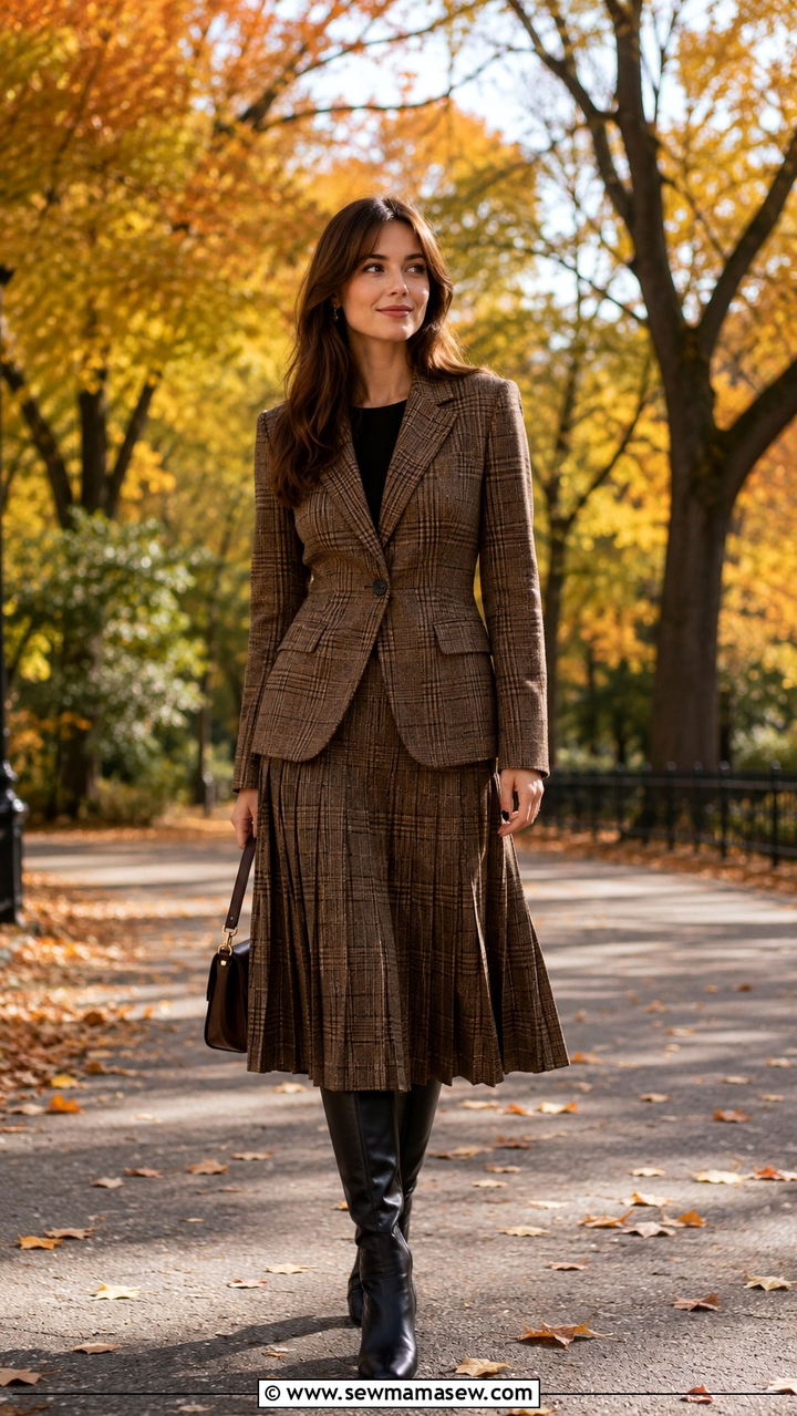 Plaid Matching Blazer and Pleated Midi Skirt Set - 25 Old money outfit ideas with plaid