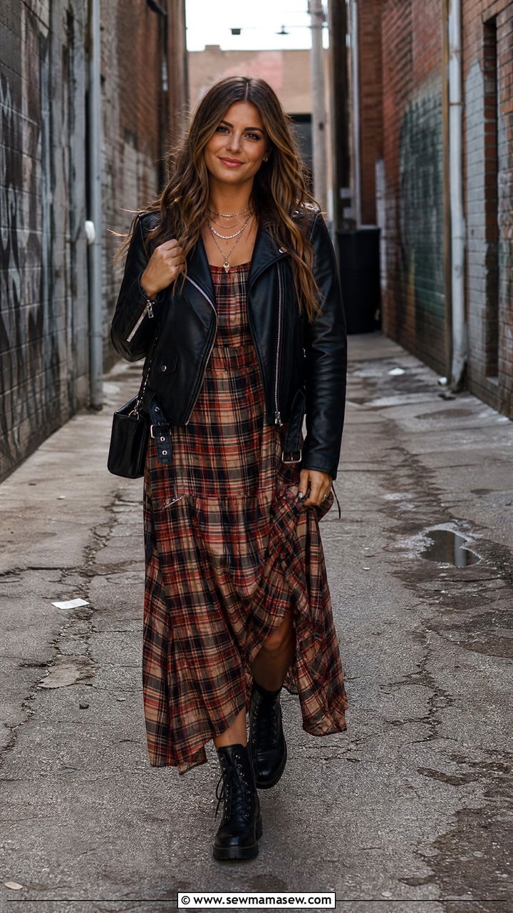 Plaid Maxi Dress With Combat Boots And Leather Jacket - 35 maxi dress outfit ideas for women