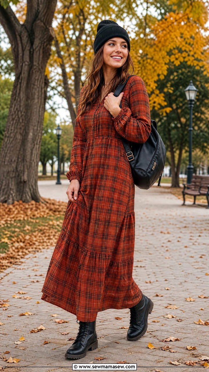 Plaid Maxi Dress With Combat Boots - 30 Maxi dress outfit ideas with boots