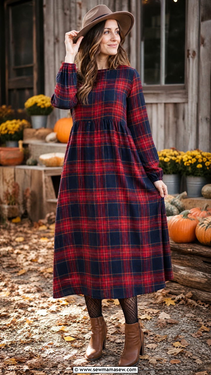 Plaid Maxi Dress With Patterned Tights And Ankle Boots - 30 Maxi dress outfit ideas with tights