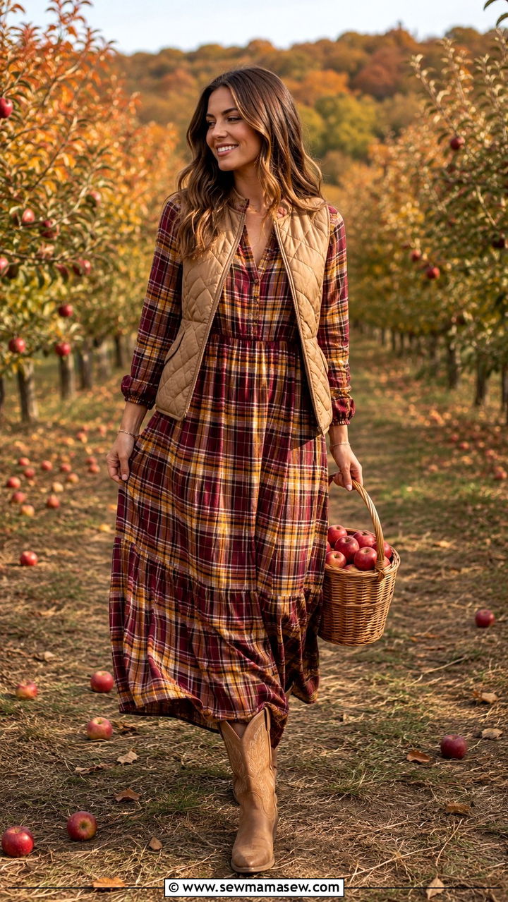 Plaid Maxi Dress with Tan Cowboy Boots - 30 Maxi dress with cowboy boots outfit ideas