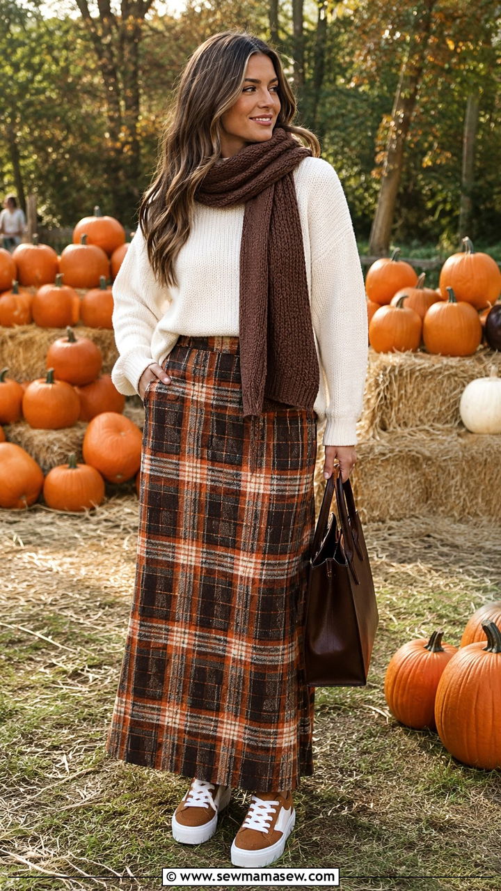 Plaid Maxi Skirt With Sweater and Platform Sneakers - 30 Maxi skirt outfit ideas with sneakers