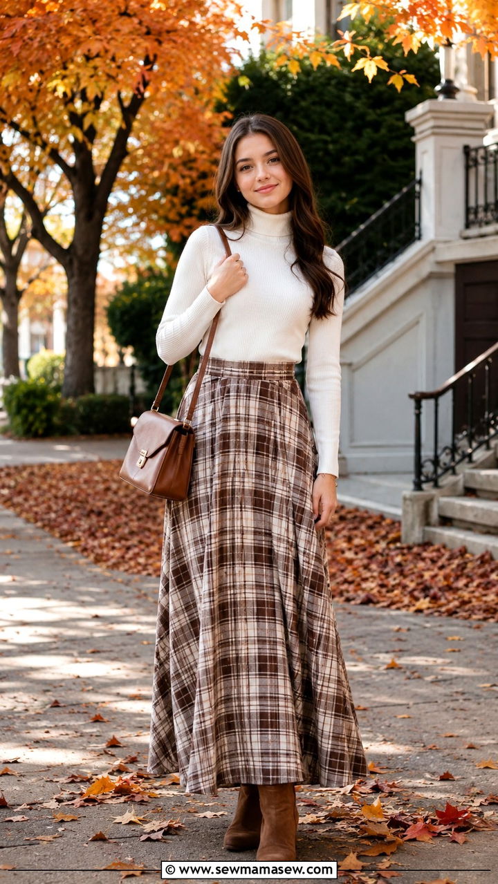 Plaid Maxi Skirt With White Turtleneck Sweater - 30 Modest outfit ideas for teens