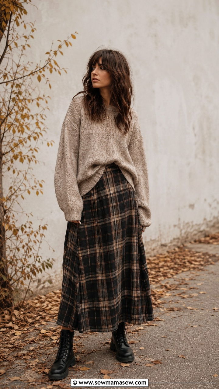Plaid Maxi Skirt and Oversized Knit Sweater with Boots - 30 grunge outfits inspo