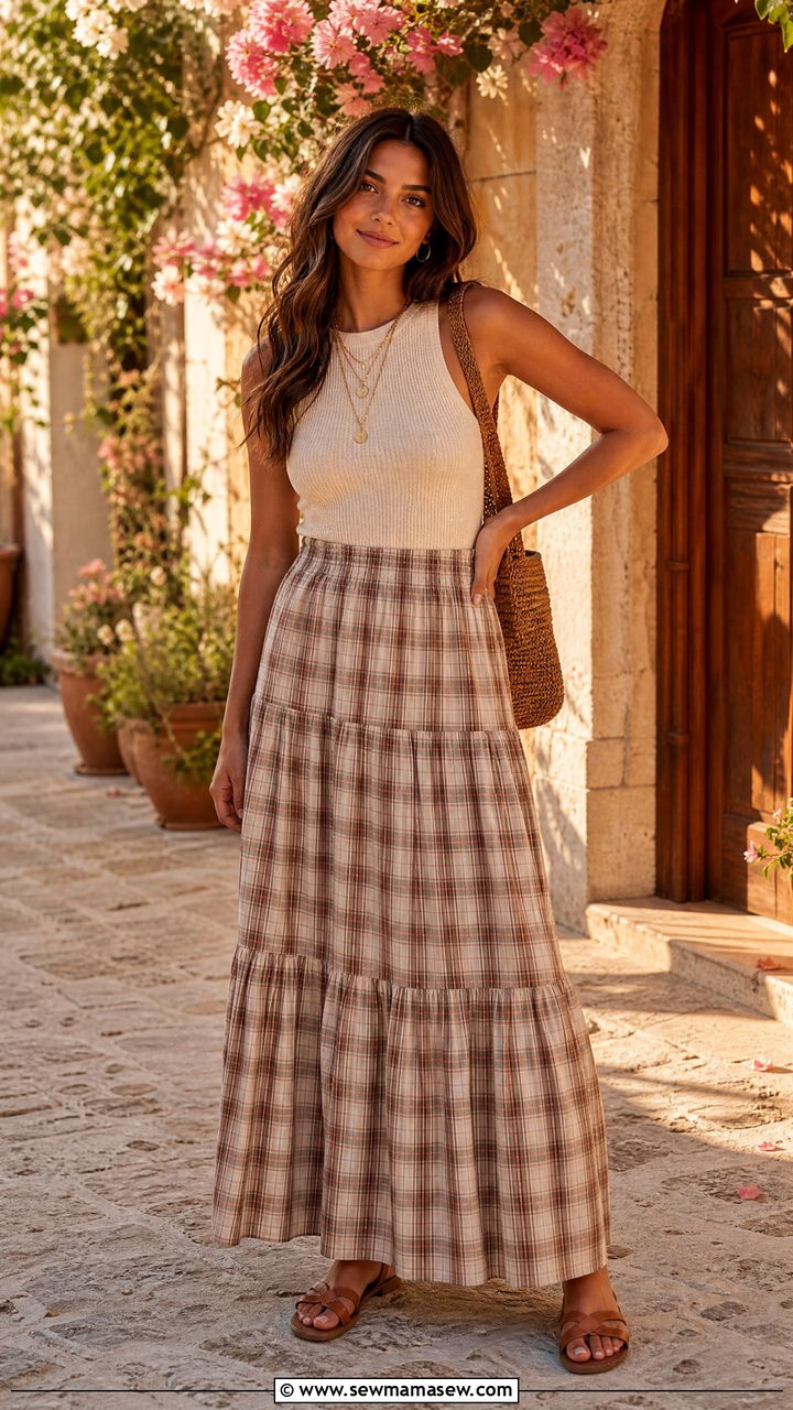 Plaid Maxi Skirt and Ribbed Knit Top - 30 Summer plaid outfits