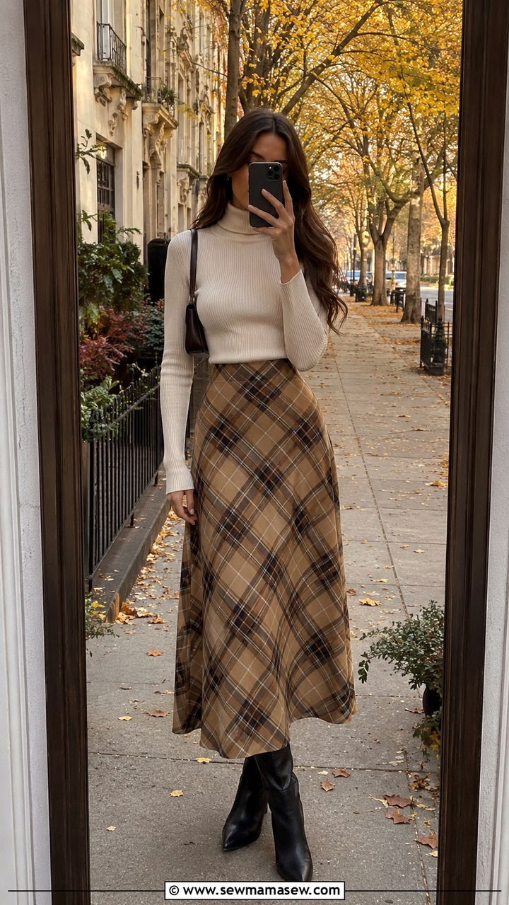Plaid Maxi Skirt with Slim Turtleneck and Knee High Boots - 25 Old money outfit ideas with plaid
