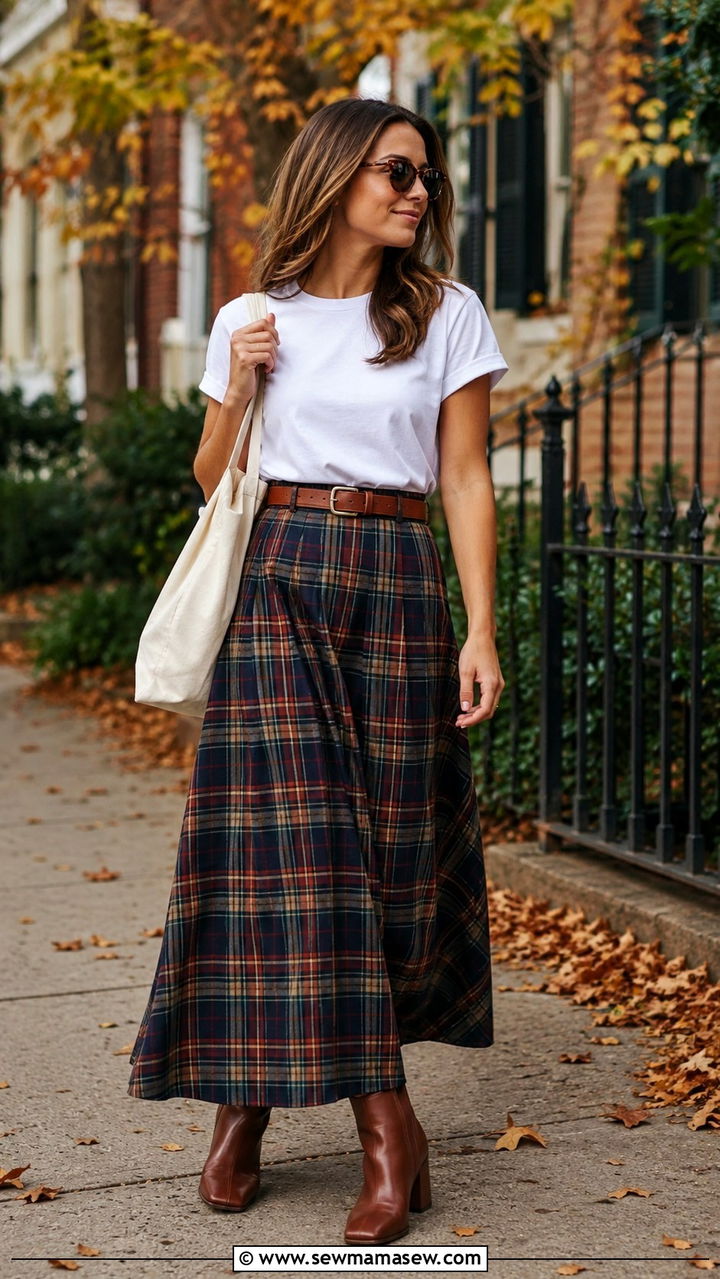 Plaid Maxi Skirt with White Tee - 30 Maxi skirt outfit ideas with a tee