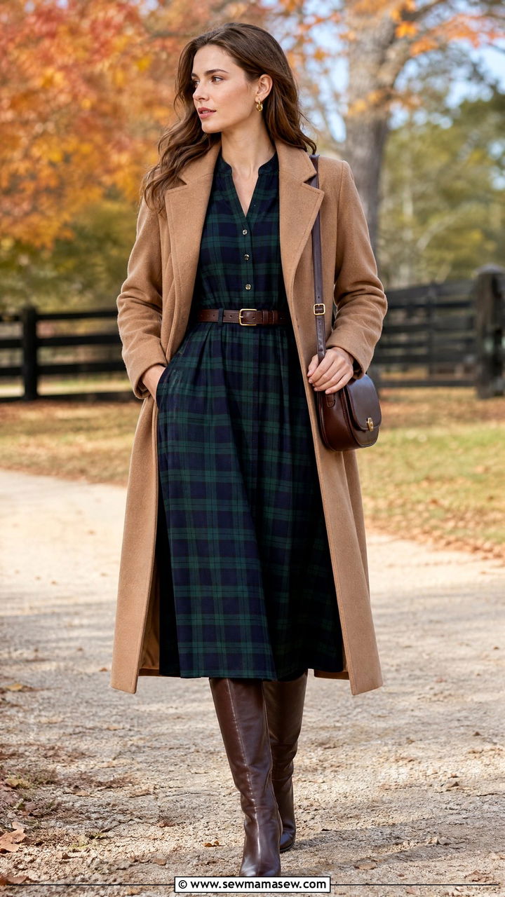 Plaid Midi Dress Outfit With Tall Leather Riding Boots - 25 Old money outfit ideas equestrian