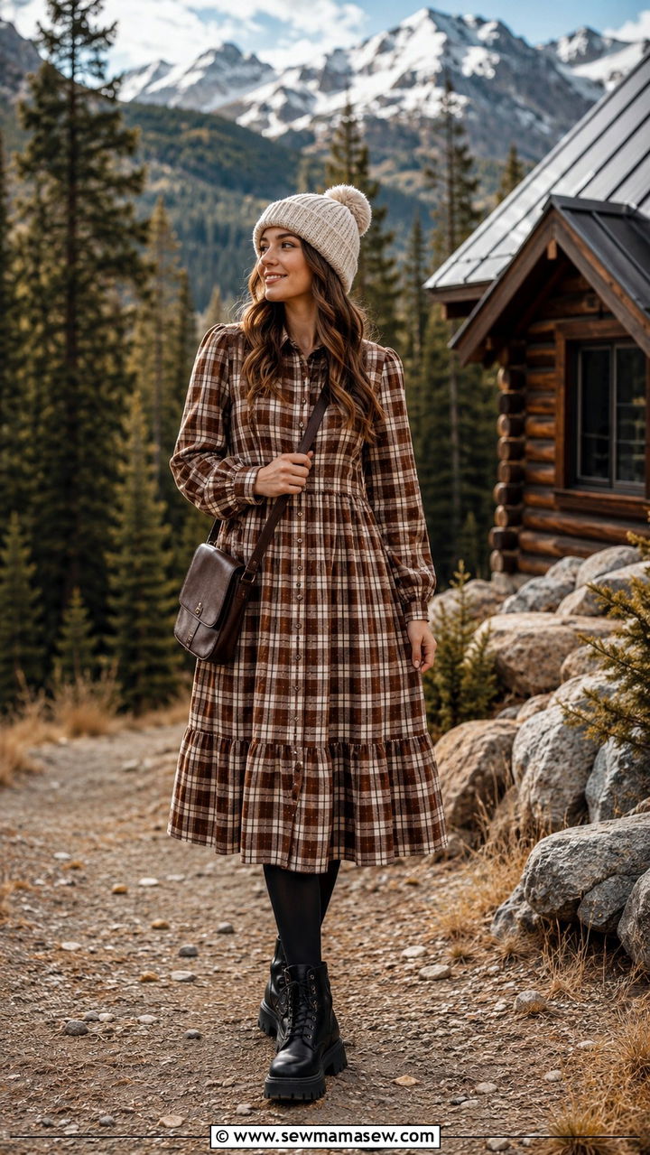 Plaid Midi Dress With Chunky Lace Up Boots - 30 Midi dress outfit ideas with boots