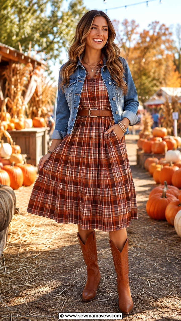 Plaid Midi Dress With Cowboy Boots - 30 Midi dress with cowboy boots outfit ideas
