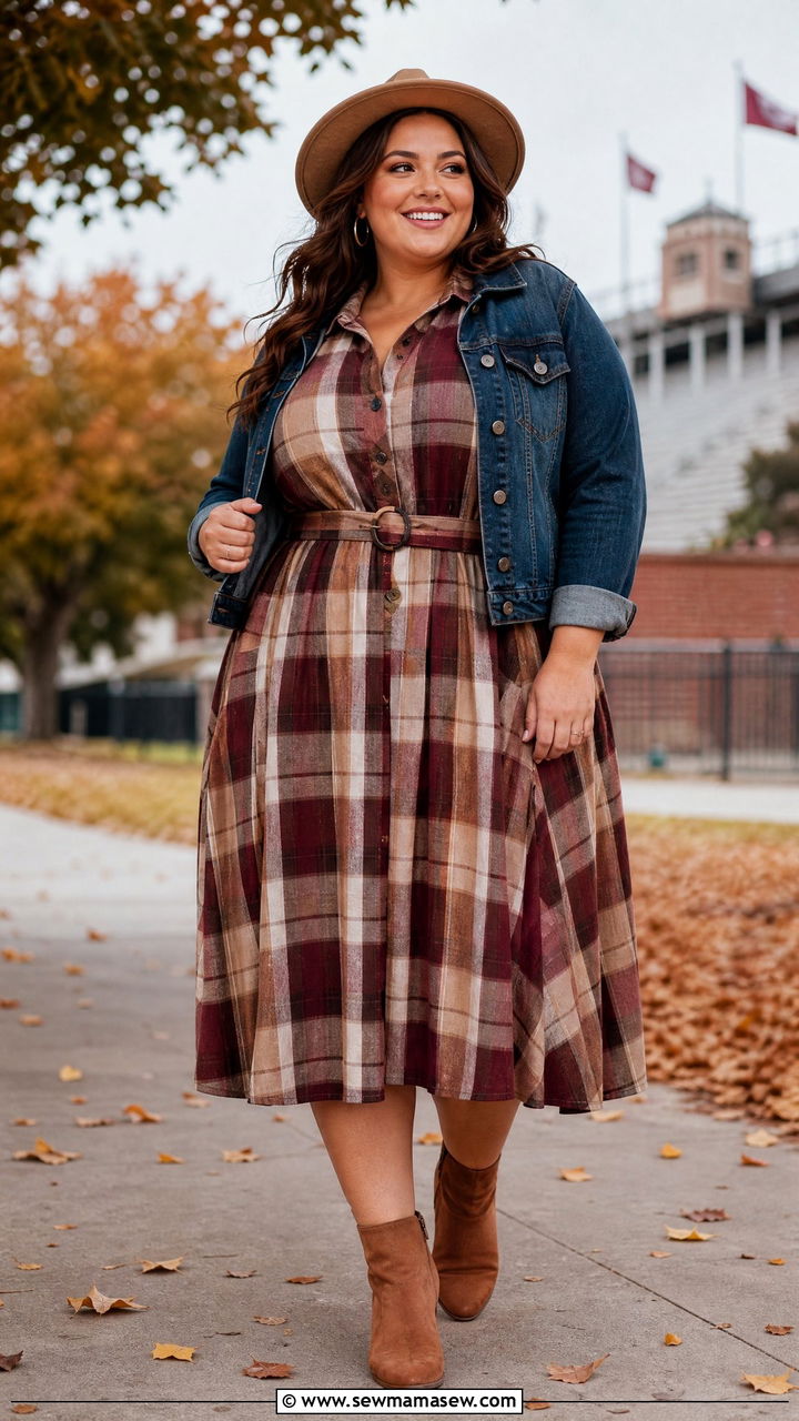 Plaid Midi Dress With Denim Jacket And Booties - 30 Football game outfit ideas plus size