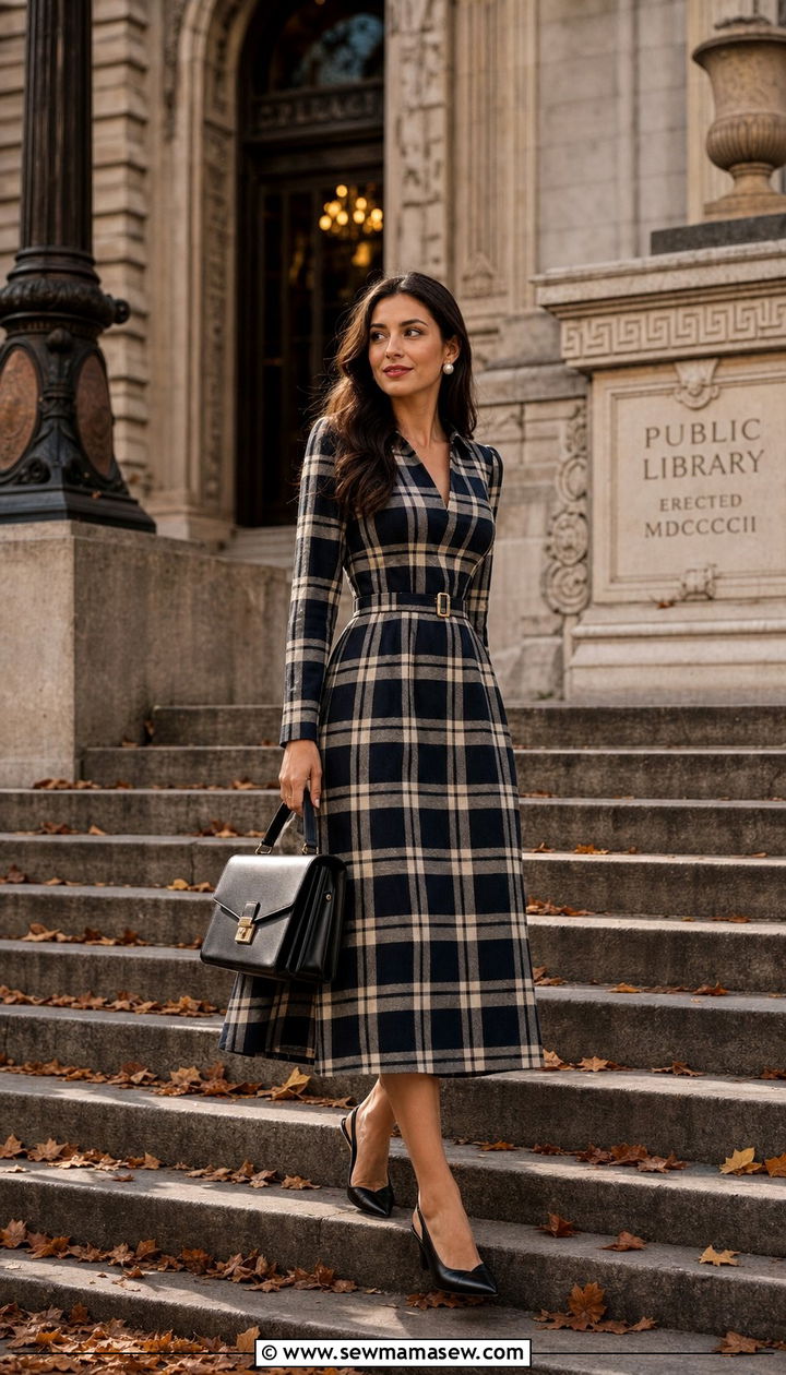 Plaid Midi Dress With Leather Slingbacks - 25 Cottagecore outfits 2026