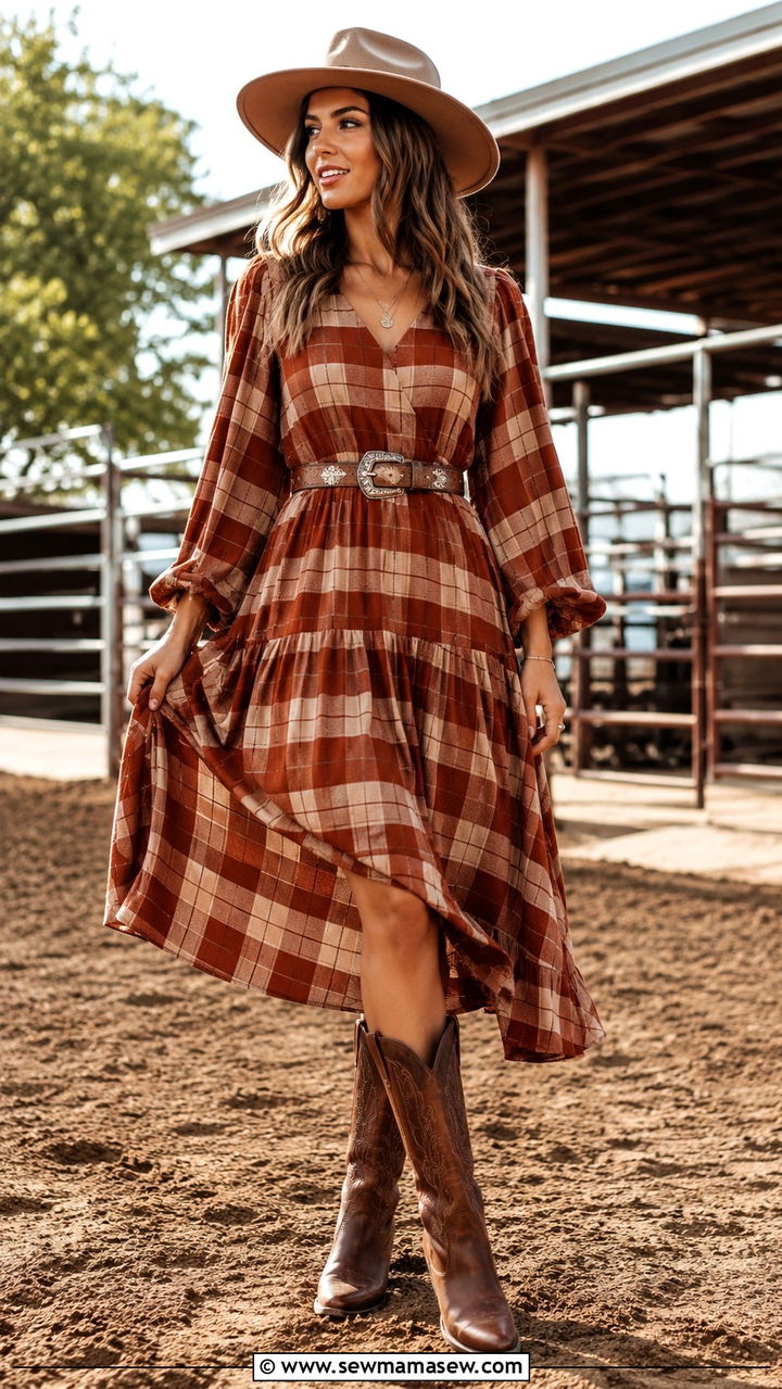 Plaid Midi Dress With Tall Cowboy Boots And Western Belt - 25 Western outfit ideas with dress