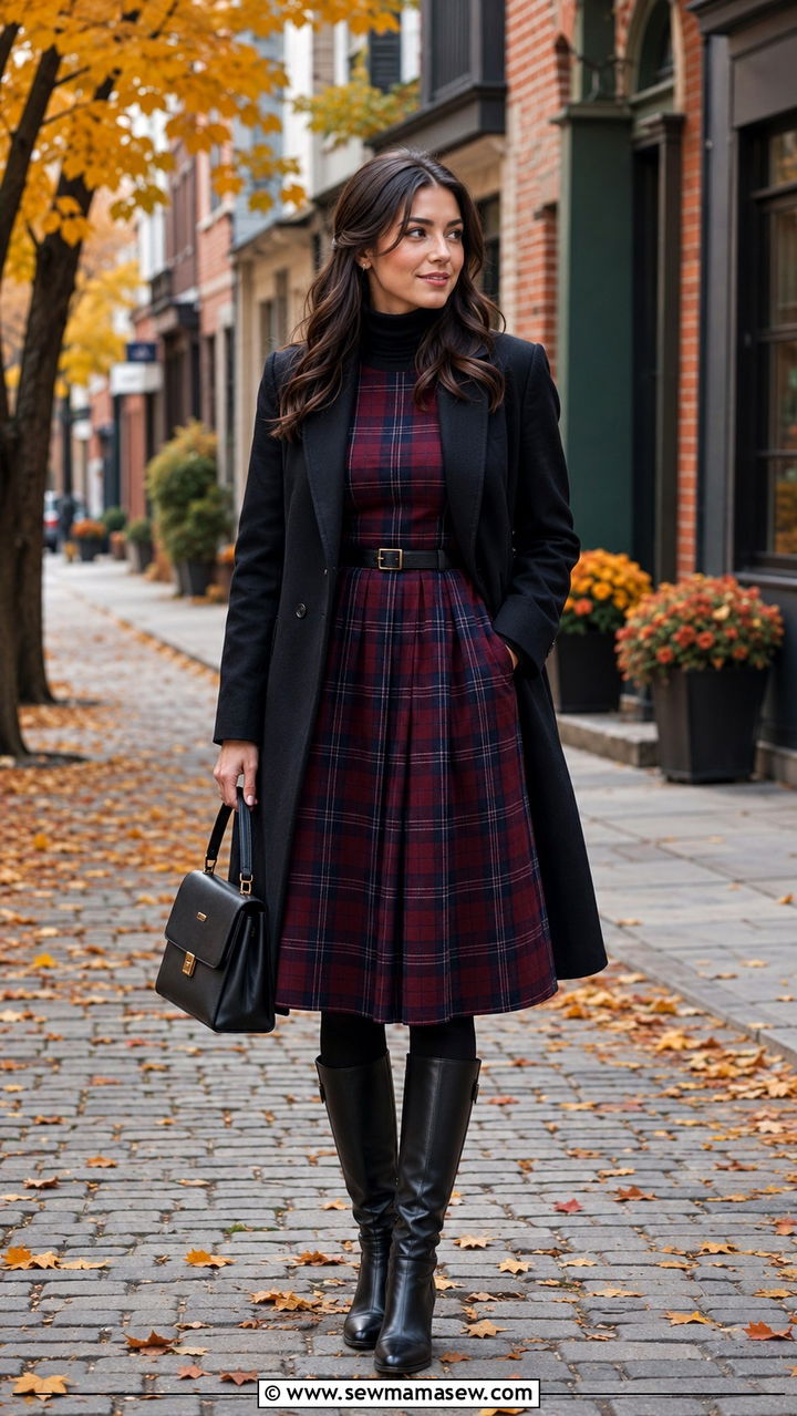 Plaid Midi Dress with Riding Boots - 25 Old money outfit ideas with riding boots