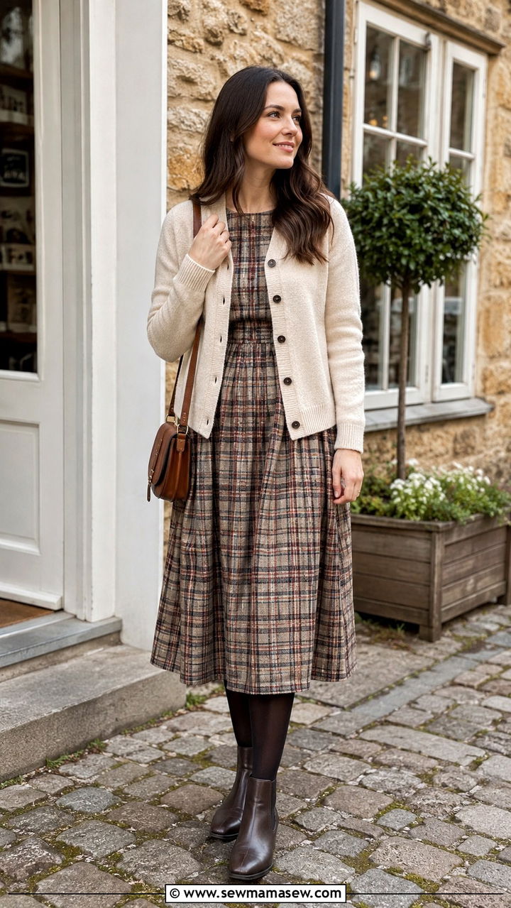 Plaid Midi Dress with Solid Cardigan - 30 Midi dress with cardigan outfit ideas
