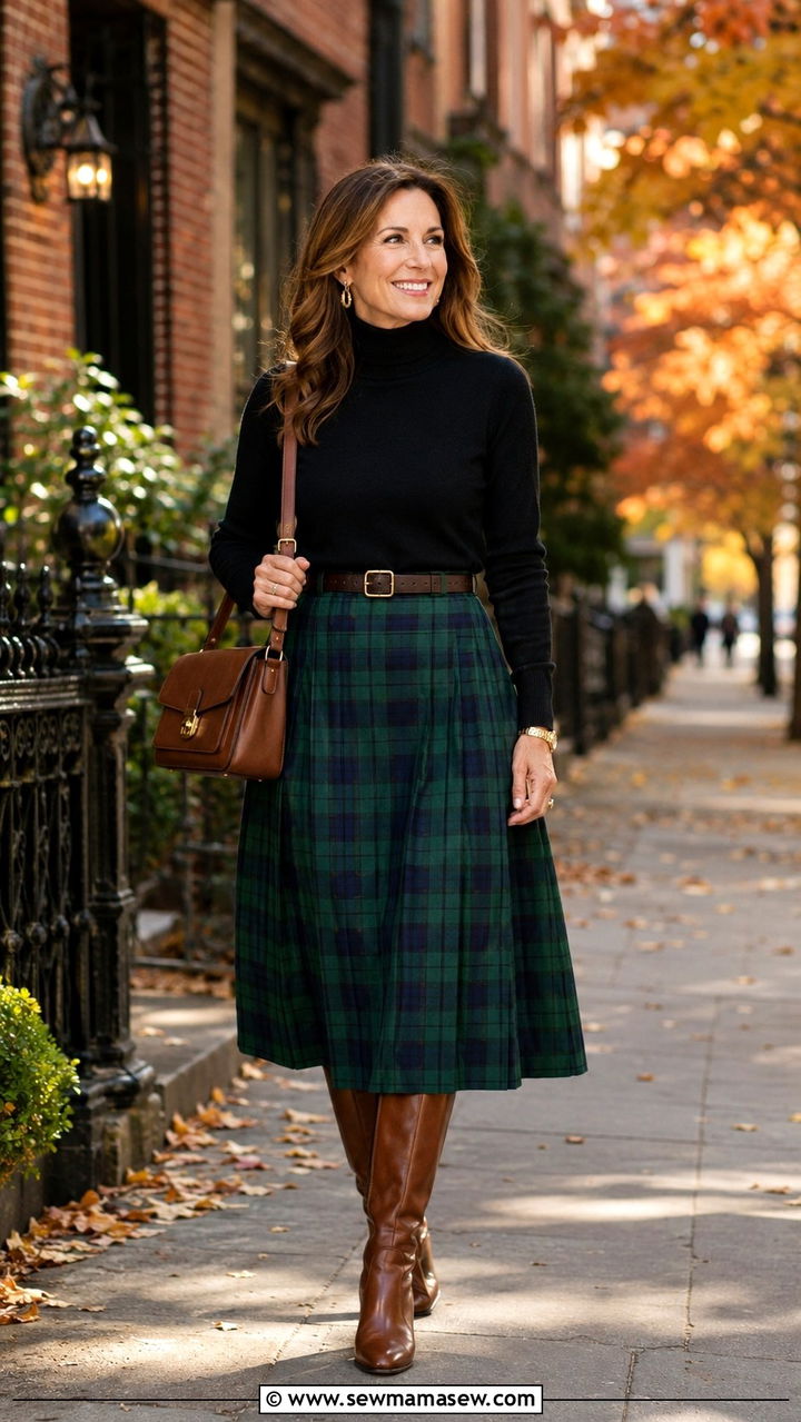 Plaid Midi Skirt Black Turtleneck and Knee High Leather Boots - 25 Preppy outfits for women over 40