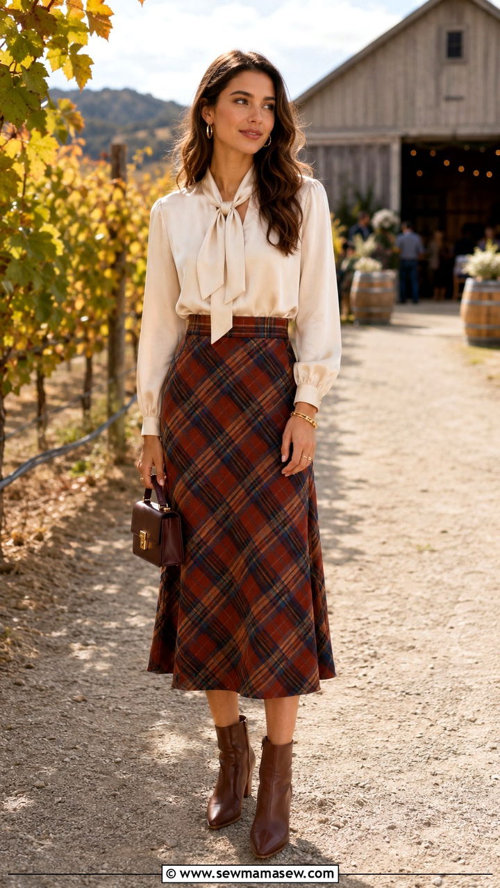 Plaid Midi Skirt With A Silky Blouse - 30 Vineyard wedding guest outfit ideas