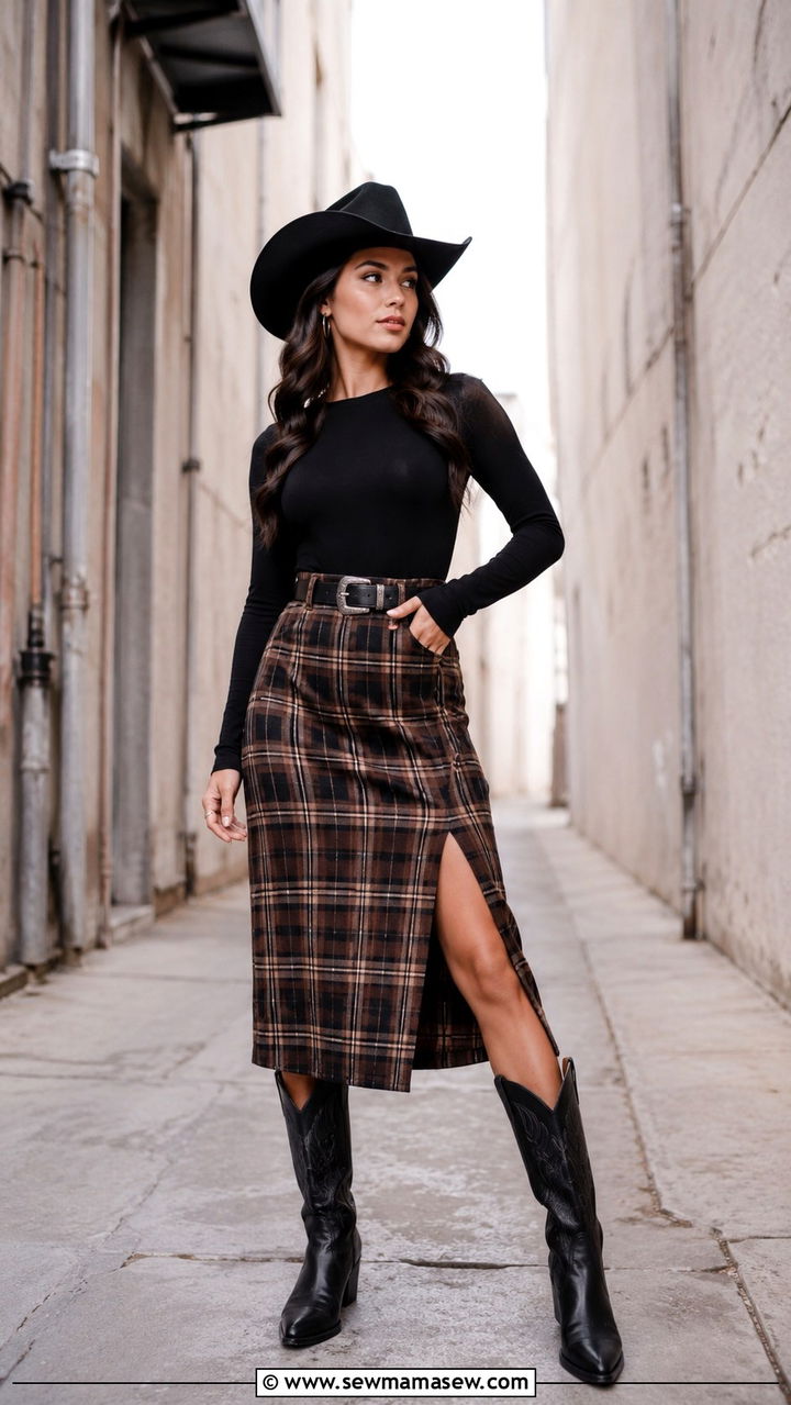 Plaid Midi Skirt With Black Top and Cowboy Boots Outfit Petite - 25 Western outfit ideas petite