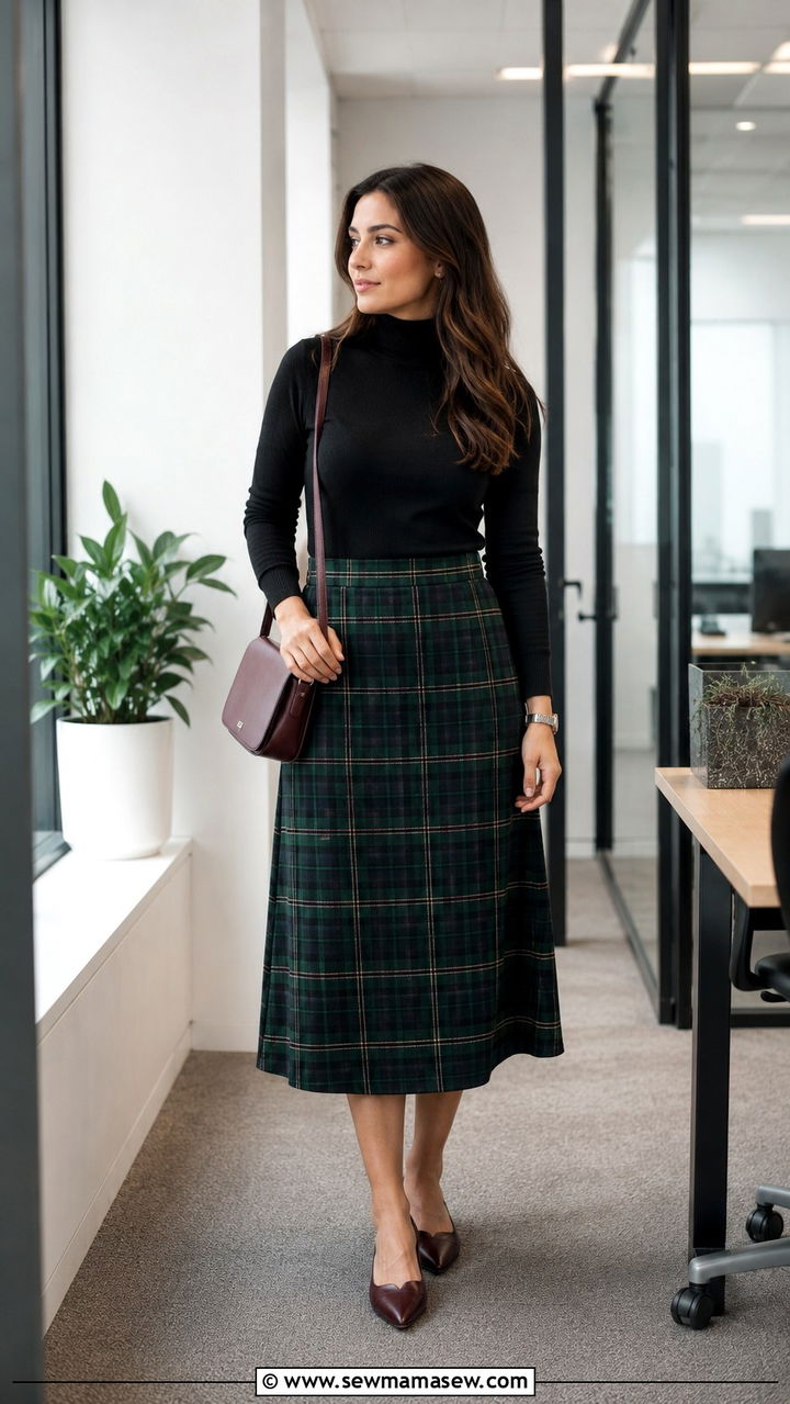 Plaid Midi Skirt With Black Turtleneck - 30 spring skirt outfit ideas