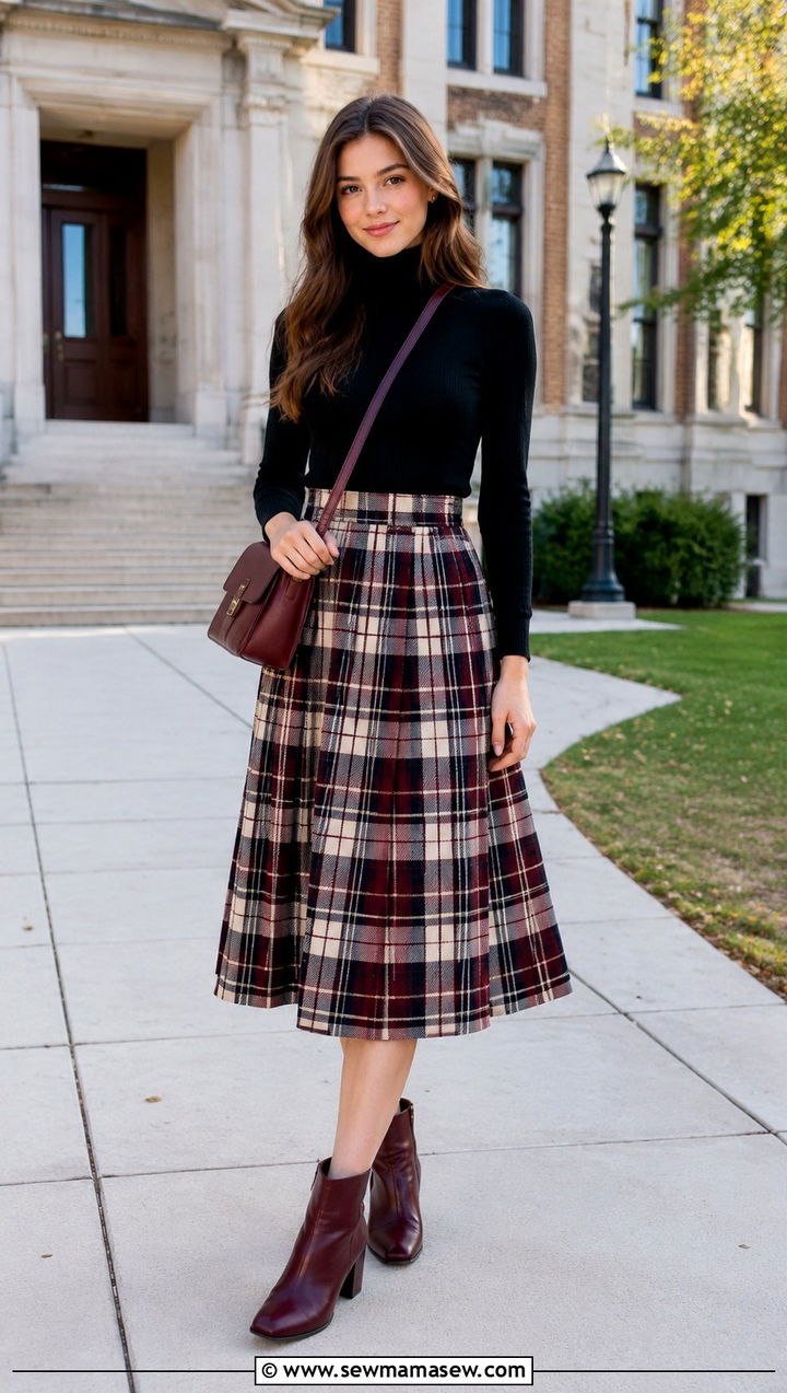Plaid Midi Skirt With Black Turtleneck And Boots - 30 Spring outfits for teen girls