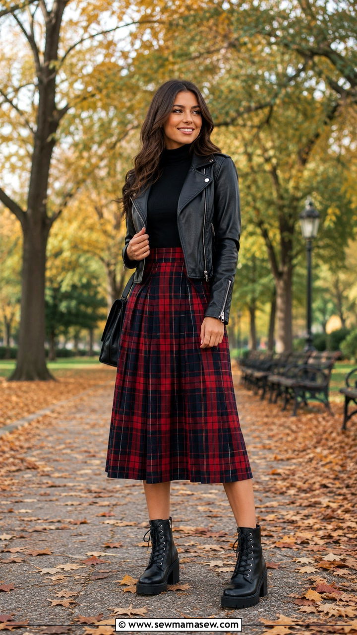 Plaid Midi Skirt With Chunky Ankle Boots - 30 Midi skirt outfit ideas with boots