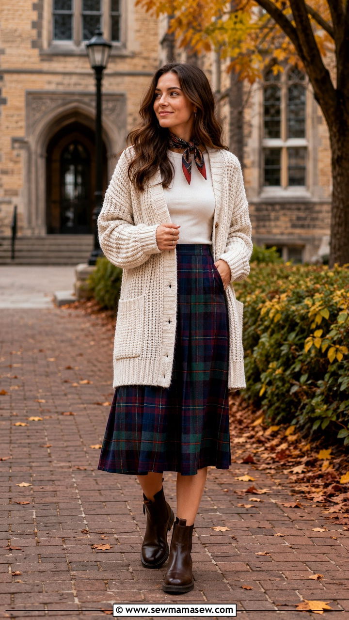 Plaid Midi Skirt With Chunky Knit Cardigan Outfit Light Academia - 30 casual light academia outfits