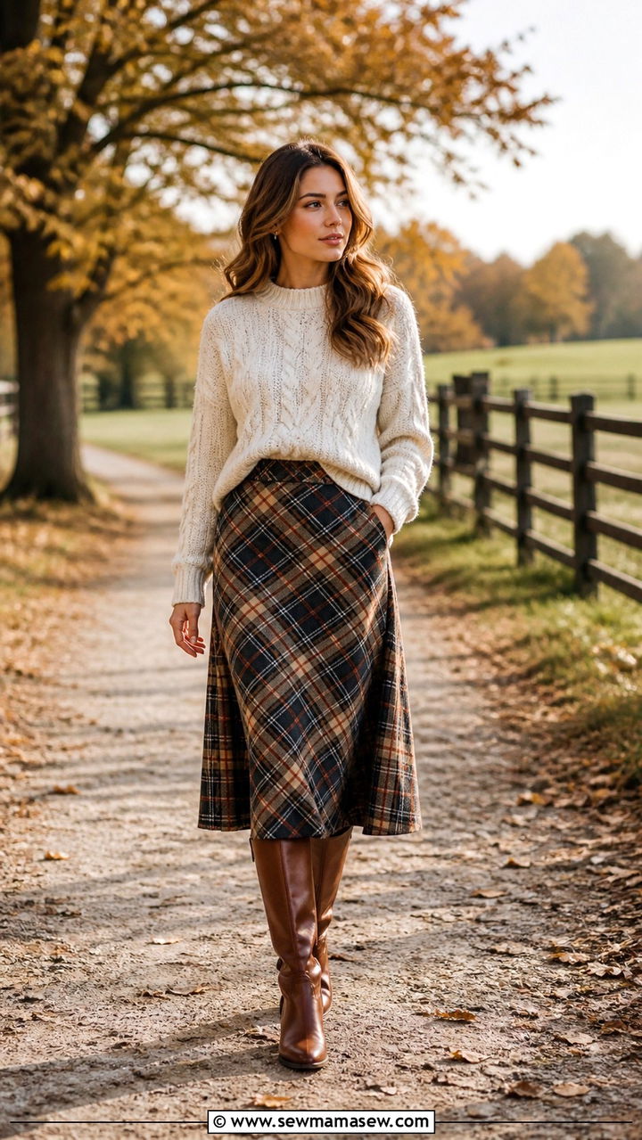Plaid Midi Skirt With Cream Sweater And Riding Boots - 40 midi skirt outfit ideas