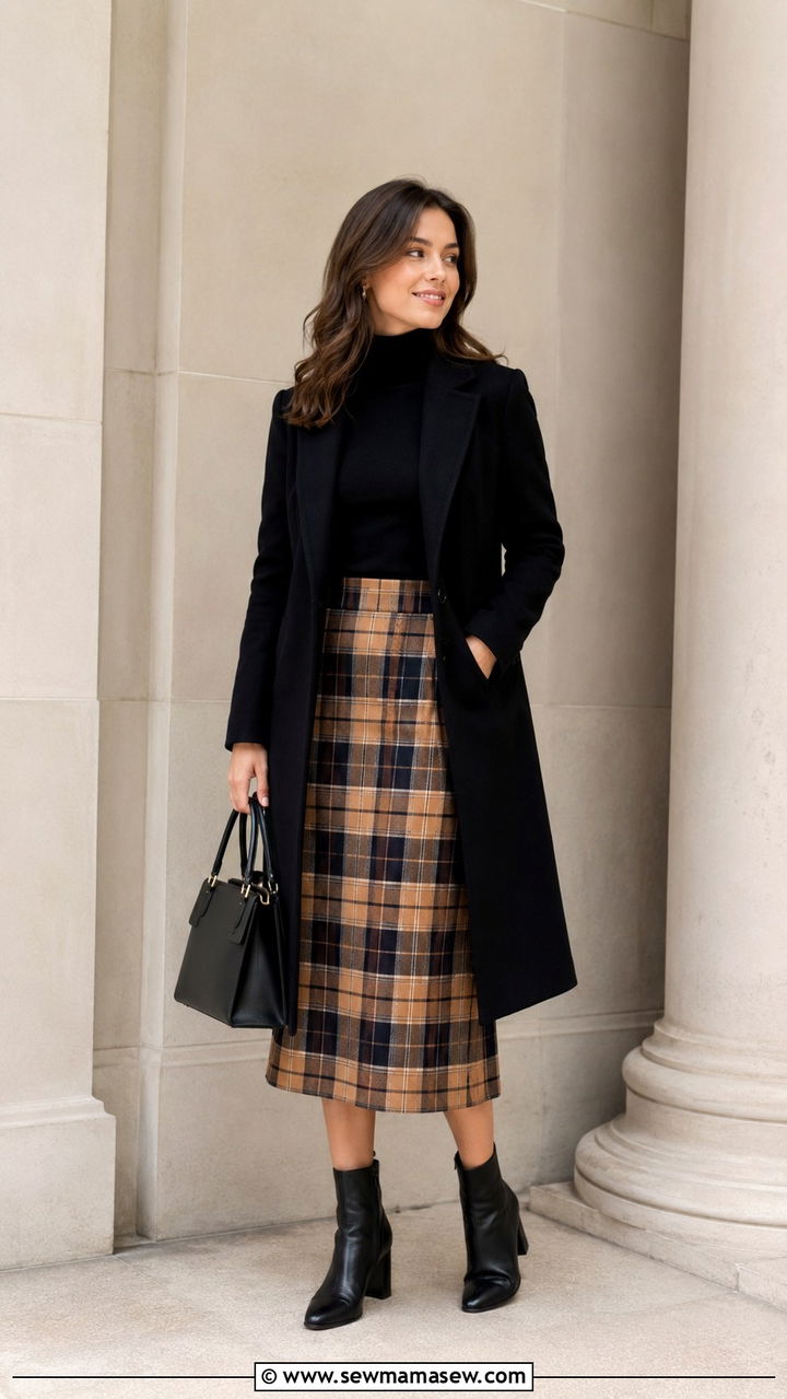 Plaid Midi Skirt With Fine Gauge Turtleneck And Wool Coat - 30 cute transitional outfits