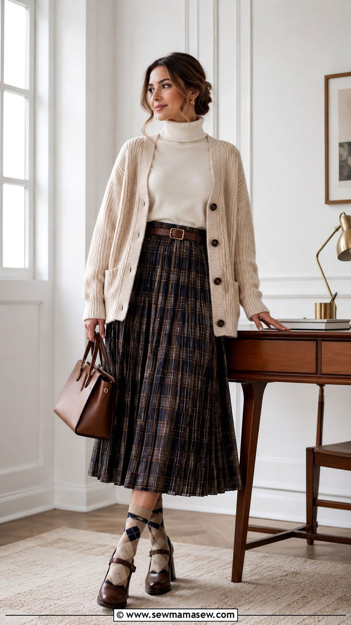 Plaid Midi Skirt With Grandpa Cardigan And Mary Janes - 20 Eclectic grandpa outfit ideas for work