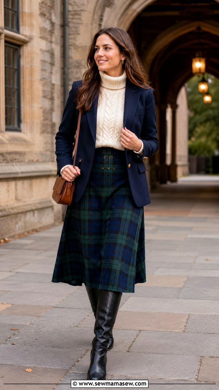 Plaid Midi Skirt With Knee High Boots - 30 Midi skirt outfit ideas with boots