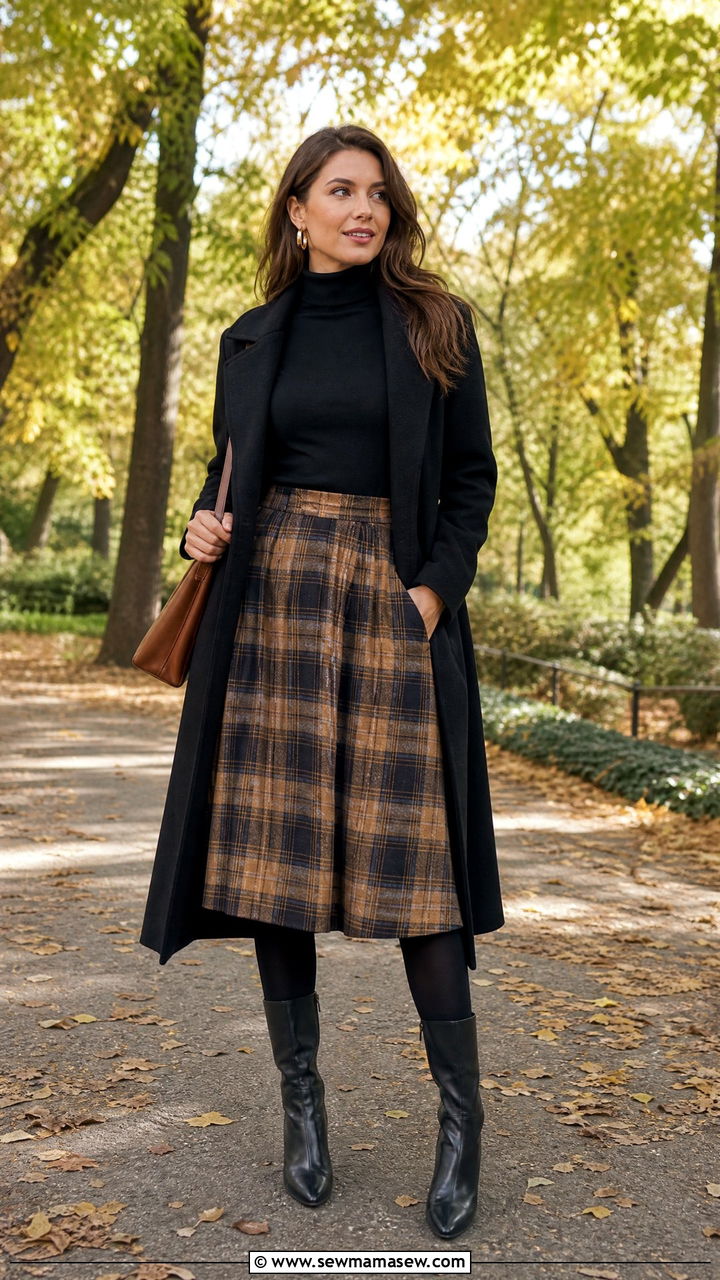 Plaid Midi Skirt With Turtleneck - 35 midi skirt outfit ideas for women